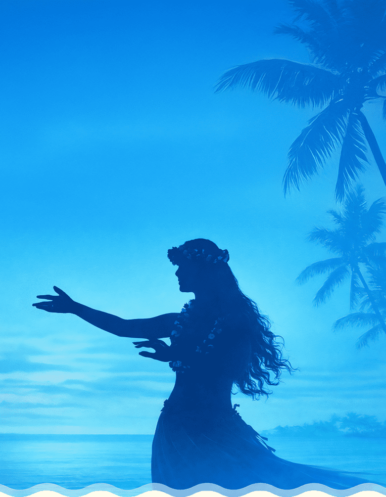 浜辺でフラダンスを踊る女性の青いシルエットイラスト
